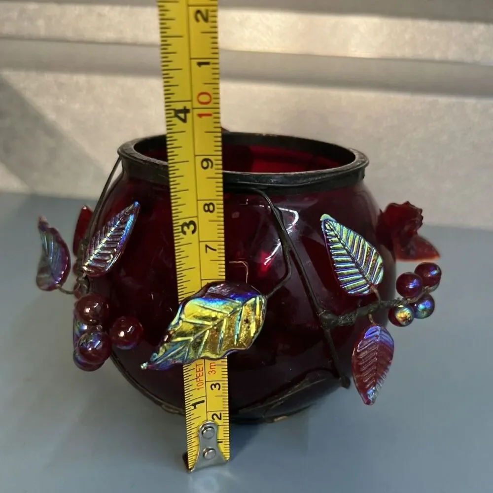 Vintage Cranberry Red Glass Centerpiece Bowl/Vase with Iridescent Leaves